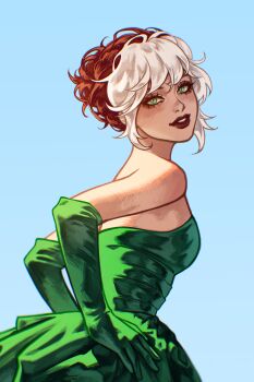 1girl absurdres bare_shoulders black_lips blue_background brown_hair colored_bangs commentary dress elbow_gloves english_commentary from_behind gloves green_dress green_eyes green_gloves highres looking_at_viewer looking_back marvel multicolored_hair nyxespa parted_lips rogue_(x-men) simple_background smile solo strapless strapless_dress two-tone_hair white_hair