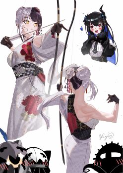 Rule 34 | 2girls, archery, arrow (projectile), black hair, black kimono, blue hair, blush, blush stickers, bow (weapon), chest sarashi, colored inner hair, drawing bow, floral print, floral print kimono, gloves, grey hair, hair bun, heart, highres, holding, holding bow (weapon), holding weapon, hololive, hololive english, japanese clothes, kimono, lace, lace gloves, massiveyog, multicolored hair, multiple girls, nerissa ravencroft, nerissa ravencroft (1st costume), novelites (shiori novella), official alternate costume, official alternate hairstyle, print kimono, red eyes, sarashi, shiori novella, shiori novella (new year), split-color hair, two-tone hair, virtual youtuber, weapon, white background, white kimono, yellow eyes, yumi (bow)