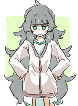 1girl blunt_bangs blush commentary_request frown green_eyes green_hair hands_on_own_hips hiyajou_maho jacket_over_dress long_hair long_sleeves looking_at_viewer messy_hair sadarann science_adventure solo steins;gate steins;gate_0 very_long_hair