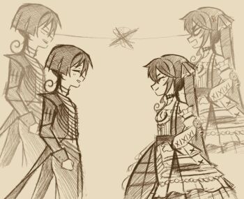 1boy 1girl alternate_costume arm_at_side blank_eyes blunt_ends bow choker clenched_hand coattails coditosalad detached_sleeves dress eyelashes facing_another formal_clothes frilled_dress frilled_sleeves frills genshin_impact hair_bow highres lightning_glare long_sleeves looking_at_another mexican_clothes mona_(genshin_impact) open_mouth pants profile scaramouche_(genshin_impact) sepia sketch smile strapless strapless_dress suit teeth twintails upper_teeth_only zoom_layer