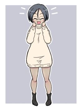 1girl alternate_costume birthday black_boots boots brown_pantyhose casual closed_mouth dress girls_und_panzer glasses grey_background grey_hair long_sleeves open_mouth pantyhose round_eyewear rumi_(girls_und_panzer) short_hair smile standing sweater sweater_dress takahashi_kurage turtleneck turtleneck_dress turtleneck_sweater yellow_dress yellow_sweater