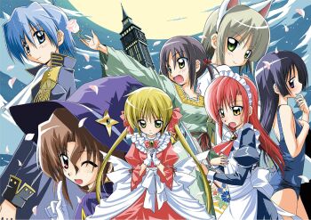 6+girls aizawa_sakuya animal_ears apron ascot ayasaki_hayate black_hair blonde_hair blue_eyes blue_hair book cat_ears coat dress fake_animal_ears formal_clothes green_eyes grey_hair hat hata_kenjirou hayate_no_gotoku! holding holding_book katsura_hinagiku long_hair looking_back maid maid_apron maid_headdress maria_(hayate_no_gotoku!) moon multiple_girls night night_sky nishizawa_ayumu one_eye_closed petals pink_hair purple_eyes red_eyes saginomiya_isumi sanzen&#039;in_nagi school_swimsuit short_hair sky smile suit swimsuit tower twintails witch witch_hat yellow_eyes