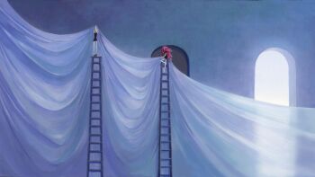 2others bike_shorts black_footwear black_jacket black_shorts curtains end_card gem_uniform_(houseki_no_kuni) houseki_no_kuni indoors jacket ladder morganite_(houseki_no_kuni) multiple_others nishikawa_youichi official_art on_ladder see-through_curtains shorts window yellow_diamond_(houseki_no_kuni)