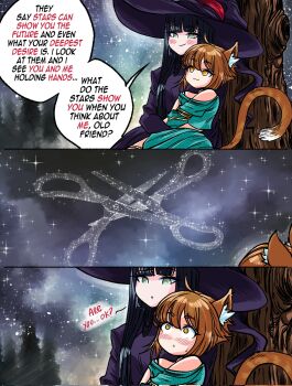 Rule 34 | 2girls, animal ears, black hair, blush, brown hair, closed mouth, commentary, constellation, corrupted twitter file, english commentary, english text, green eyes, grs-, hat, highres, long hair, multiple girls, night, original, outdoors, sky, star (sky), starry sky, tail, witch hat, yuri
