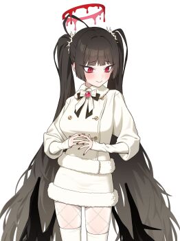 Rule 34 | 1girl, alternate costume, alternate hairstyle, b1026, bags under eyes, black bow, black bowtie, black hair, black nails, black wings, blood, blood halo, blue archive, blush, bow, bowtie, closed mouth, coat, cowboy shot, duffel coat, fur-trimmed coat, fur-trimmed skirt, fur trim, halo, highres, liquid halo, long hair, looking to the side, low wings, melting halo, own hands together, red eyes, red halo, scrunchie, simple background, skirt, solo, thighhighs, tsurugi (blue archive), turning head, twintails, unfinished, very long hair, white background, white bow, white bowtie, white coat, white scrunchie, white skirt, white thighhighs, wings