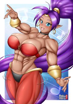 1girl bare_shoulders blue_eyes blush breasts choker cleavage curvy dark-skinned_female dark_skin earrings female_focus harem_outfit highres hoop_earrings jewelry large_breasts long_hair looking_at_viewer muscular muscular_female pointy_ears ponytail purple_hair rokumaruart see-through_clothes shantae shantae_(series) solo thick_thighs thighs very_long_hair
