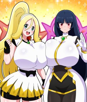 Rule 34 | 2girls, black hair, blonde hair, blue eyes, breast press, breasts, commentary, highres, hitokiwa kenchin, huge breasts, korrina (arc suit) (pokemon), korrina (pokemon), long hair, multiple girls, nintendo, official alternate costume, pokemon, pokemon masters ex, ponytail, red eyes, sabrina (arc suit) (pokemon), sabrina (pokemon), symmetrical docking, very long hair