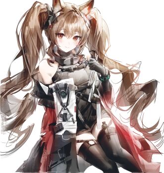 Rule 34 | 1girl, absurdres, angelina (arknights), animal ear fluff, animal ears, arknights, arknights: endfield, bare shoulders, black gloves, black thighhighs, blush, breasts, brown hair, coat, commentary, dot nose, dress, elbow gloves, fox ears, fox girl, gilberta (arknights), gloves, grey dress, hand up, high collar, highres, infection monitor (arknights), invisible chair, large breasts, long hair, looking at viewer, off shoulder, open clothes, open coat, orange eyes, red coat, short dress, simple background, sitting, smile, solo, solo focus, sowb, thighhighs, twintails, very long hair, white background, zettai ryouiki