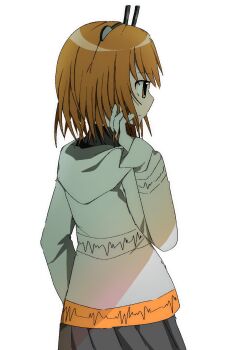 1girl adachi_rei closed_mouth expressionless from_behind gloves grey_skirt hashtag-only_commentary headlamp highres medium_hair orange_eyes orange_hair shirt skirt solo upper_body utau uuuuua07 white_gloves white_shirt