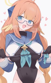 1girl black_gloves blue_archive blue_eyes breasts commentary glasses gloves halo highres hone_kawa large_breasts leotard long_hair looking_at_viewer open_mouth shimiko_(blue_archive) shimiko_(magical)_(blue_archive) solo