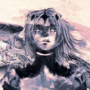 Rule 34 | 1girl, armor, breastplate, crossed bangs, crown, grey eyes, hair between eyes, highres, kirara hoshi, long hair, looking up, nephis (shadow slave), painterly, parted lips, shadow slave, shoulder armor, solo, upper body, white hair