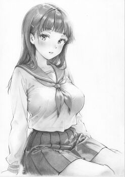 1girl arms_at_sides blush breasts commentary_request feet_out_of_frame graphite_(medium) greyscale highres large_breasts long_hair long_sleeves looking_at_viewer monochrome neckerchief original parted_lips pleated_skirt sailor_collar school_uniform serafuku shirt sitting skirt smile solo traditional_media user_mtkh7844 wispy_bangs