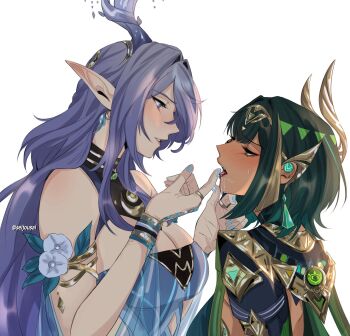 2girls ancient_egyptian_clothes antler_ornament antlers aqua_dress armlet bare_shoulders blue_eyes blue_nails bracelet breasts cleavage commentary deer_antlers dress drooling earrings english_commentary from_side genshin_impact green_eyes green_hair green_streaks hair_over_one_eye headpiece highres horns jewelry large_breasts lauma_(genshin_impact) leaf_dress long_hair mole mole_under_eye multiple_girls nefer_(genshin_impact) open_mouth parted_lips pointy_ears purple_hair saliva saliva_trail seijousai short_hair simple_background tan twitter_username upper_body usekh_collar very_long_hair white_background yuri