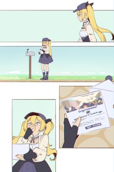 1girl black_gloves blonde_hair covering_own_mouth dokibird dokibird_(retro_doki) fingerless_gloves gloves green_eyes hair_ornament hand_over_own_mouth hat highres holding holding_paper indie_virtual_youtuber jacket letter long_hair mail open_clothes open_jacket paper postbox_(outgoing_mail) tagme twintails virtual_youtuber yoruny