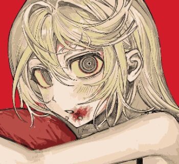 1girl blonde_hair close-up crazy_eyes face_piercing hair_between_eyes hugging_object long_hair looking_at_viewer mouth_piercing open_mouth piercing pillow pillow_hug portrait red_background ringed_eyes simple_background solo solo_focus teeth upper_body zh_0w