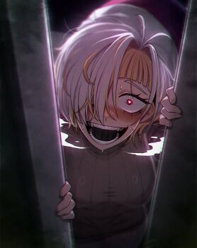 1girl blonde_hair blush breasts chromatic_aberration commentary constricted_pupils crazy_eyes crazy_smile door doorway from_inside grey_sweater hair_over_one_eye heart heart-shaped_pupils highres kromer_(project_moon) limbus_company looking_at_viewer messy_hair misg1111 multicolored_hair nose_blush open_door open_mouth opening_door pov pov_doorway project_moon red_eyes short_hair smile solo sweat sweatdrop sweater symbol-only_commentary symbol-shaped_pupils teeth two-tone_hair white_hair yandere