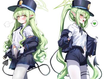 2girls absurdres black_hat black_jacket black_shorts black_skirt blue_archive blush collared_shirt commentary_request demon_tail earrings fang gloves green_hair green_halo halo hat heart highres hikari_(blue_archive) jacket jewelry long_hair long_sleeves looking_at_viewer multiple_girls navel nozomi_(blue_archive) open_clothes open_jacket open_mouth pantyhose pleated_skirt pointy_ears sak_(lemondisk) shirt shorts simple_background skirt smile spoken_heart standing tail white_background white_gloves white_pantyhose white_shirt yellow_eyes