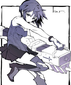 1girl bare_shoulders black_skirt blue_eyes blue_hair blue_tank_top boots breasts ciel_(tsukihime) cross dress gloves gun highres holding holding_gun holding_weapon initial looking_at_viewer medium_breasts powered_ciel rockmor seventh_holy_scripture short_hair skirt sleeveless solo tank_top tattoo thighhighs tsukihime tsukihime_(remake) weapon white_background