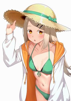 1girl absurdres bikini blush breasts collarbone colored_eyelashes flipped_hair front-tie_bikini_top front-tie_top gakuen_idolmaster green_bikini hat highres hood hooded_jacket idolmaster jacket jacket_over_swimsuit karua_(karua23) kimi_to_semi_blue_(idolmaster) long_hair looking_at_viewer navel open_clothes open_jacket orange_eyes shinosawa_hiro simple_background small_breasts solo stomach straw_hat string_bikini sweat swept_bangs swimsuit two-sided_fabric two-sided_jacket white_background white_jacket