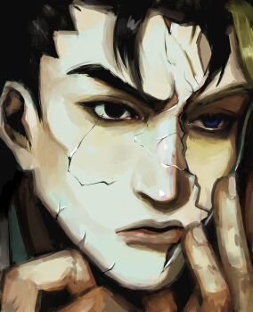 Rule 34 | 1boy, absurdres, black eyes, black hair, blonde hair, blue eyes, brown lips, close-up, closed mouth, cracked kawaii mask, cracked mask, diamond wa kudakenai, fingernails, green shirt, hand on own face, highres, jacket, jojo no kimyou na bouken, kawajiri kosaku, kira yoshikage, male focus, mateur, shirt, solo, white jacket