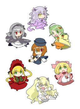 6+girls ahoge barasuishou black_corset blonde_hair bloomers blue_capelet blue_shorts bonnet boots bow bowtie brown_hair capelet chibi chibi_only coat commentary_request corset cross cross_print dress drill_hair drill_sidelocks flower flower_eyepatch frilled_dress frilled_hairband frills full_body gothic_lolita green_bow green_bowtie green_eyes green_hair grey_dress grey_hair grey_hairband grey_ribbon hair_bow hair_flower hair_ornament hair_ribbon hairband hat heart heart_hair_ornament heterochromia highres hinaichigo itini-sanshi kanaria kirakishou lolita_fashion lolita_hairband long_hair long_sleeves looking_at_viewer multiple_girls neck_ribbon open_mouth orange_bloomers pink_bow pink_coat purple_boots purple_flower purple_rose purple_shirt purple_skirt quad_drills red_bonnet red_capelet red_dress red_eyes red_ribbon ribbon rose rozen_maiden shinku shirt short_hair shorts sidelocks simple_background skirt smile souseiseki suigintou top_hat twin_drills twintails underwear very_long_hair white_background white_bloomers white_boots white_flower white_rose white_shirt white_skirt yellow_coat yellow_eyes