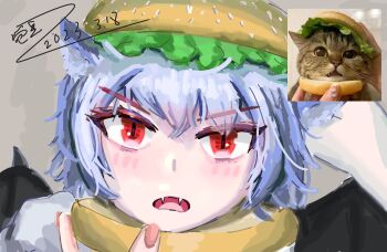 1girl absurdres animal animal_ears bat_wings blue_hair blush bread_bun cat cat_ears dated fangs highres kemonomimi_mode looking_at_viewer open_mouth photo_inset portrait red_eyes reference_inset remilia_scarlet salad short_hair signature slit_pupils touhou v-shaped_eyebrows wings woshijuezhu