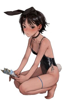 1girl absurdres animal_ears barefoot black_hair black_leotard blush breasts choker collarbone fake_tail grey_eyes highres holding holding_paper leotard looking_at_viewer original paper playboy_bunny rabbit_ears rabbit_tail radon86_nya short_hair small_breasts spiked_choker spikes sweatdrop tail thighs vaccine_scar white_background