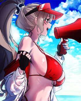 Rule 34 | 1girl, absurdres, barcode, barcode tattoo, bikini, black gloves, blue sky, blush, breasts, cloud, commentary request, day, dungeon and fighter, ella (dungeon and fighter), facial tattoo, fingerless gloves, from side, gloves, grey hair, hair ornament, hand up, hat, highres, holding, holding megaphone, horizon, jacket, jacket partially removed, korean commentary, large breasts, lifeguard, long hair, long sleeves, looking ahead, megaphone, navel, ocean, open mouth, outdoors, ponytail, red bikini, red hat, roan green, sidelocks, sky, solo, swimsuit, tattoo, upper body, visor cap, white jacket