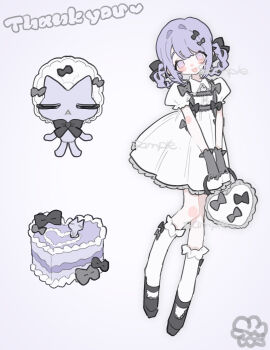 1girl am314 bag black_bow black_gloves black_shoes bonnet bow cake cat commentary_request commission dress food full_body gloves grey_background hair_bow hair_rings highres holding holding_bag kneehighs looking_at_viewer multiple_hair_bows open_mouth original puffy_short_sleeves puffy_sleeves purple_eyes purple_hair sample_watermark shoes short_sleeves sidelocks simple_background skeb_commission smile socks solo watermark white_bonnet white_dress white_socks