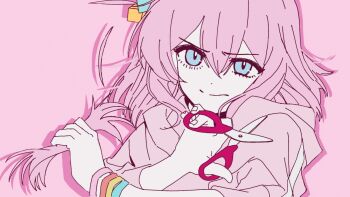 Rule 34 | 1girl, arms across body, blue eyes, bocchi the rock!, commentary, cube hair ornament, cutting hair, cutting own hair, drop shadow, english commentary, gotoh hitori, hair between eyes, hair ornament, holding, holding own hair, holding scissors, jacket, long hair, long sleeves, looking at viewer, multiple wristbands, pink background, pink hair, pink jacket, scissors, severed hair, simple background, solo, track jacket, yunayuispink