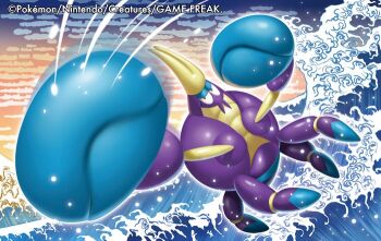 Rule 34 | animal focus, cloud, commentary request, company name, copyright name, copyright notice, crabrawler, full body, gen 7 pokemon, motion blur, motion lines, nintendo, no humans, official art, pokemon, pokemon (creature), pokemon focus, pokemon tcg, punching, sky, solo, tsutsui misa, waves