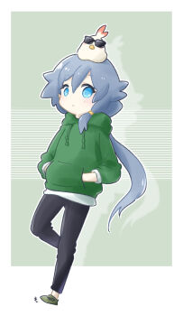 Rule 34 | 1girl, animal, animal on head, black hair, black pants, blue eyes, casual, closed mouth, commentary request, fu hua, full body, green background, green hoodie, hands in pockets, highres, honkai (series), honkai impact 3rd, hood, hoodie, jingwei (bird), long hair, long sleeves, looking at viewer, mon momu, on head, pants, ponytail, solo, sunglasses