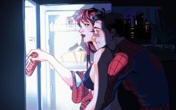 1boy 1girl arms_around_waist black_bra black_hair bra bruise bruise_on_face can city coca-cola couple freckles from_side green_eyes hetero highres holding holding_can hug hug_from_behind indoors injury long_hair looking_back lun_chuan_weizhi marvel mary_jane_watson night open_refrigerator open_window peter_parker red_hair red_lips refrigerator refrigerator_interior short_hair spider-man spider-man_(series) straight_hair underwear upper_body window