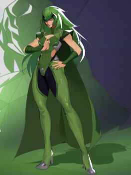 1girl black_nails cape full_body green_cape green_eyes green_hair green_lips highres long_hair looking_at_viewer marvel polaris_(x-men) retrotheartist solo standing