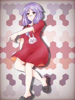 Rule 34 | 1girl, alternate costume, blue background, brown eyes, closed mouth, commentary request, dot mouth, flat chest, full body, goumon baito-kun no nichijou, grey background, grey slippers, honeycomb (pattern), honeycomb background, leg up, long hair, long shirt, long sidelocks, looking ahead, metal hair tubes, nose, orange background, outstretched arm, purple background, purple hair, red background, red shirt, rioriyan, rische (goumon baito-kun no nichijou), scar, scar on face, scar on nose, shirt, short sleeves, sidelocks, slippers, solo, standing, standing on one leg, white background