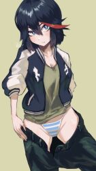 Rule 34 | 1girl, :t, absurdres, ahoge, artist name, belt, black belt, black hair, black jacket, black pants, blue eyes, blue panties, blush, bob cut, breasts, bright pupils, cleavage, closed mouth, clothes pull, collarbone, commentary, cowboy shot, eyelashes, green background, green shirt, groin, hair between eyes, highleg, highleg panties, highres, jacket, kenosousaku, kill la kill, letterman jacket, long sleeves, looking at viewer, matoi ryuuko, medium breasts, multicolored hair, open clothes, open fly, open jacket, panties, pants, pants pull, pout, pulled by self, raglan sleeves, red hair, shirt, short hair, signature, simple background, solo, standing, streaked hair, string panties, striped clothes, striped panties, t-shirt, underwear, undressing, white jacket, white panties, white pupils