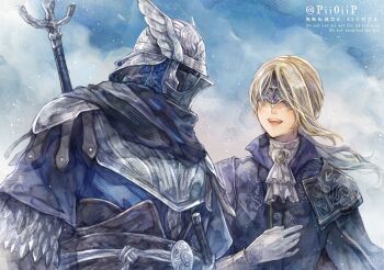 1boy 1girl armor ascot black_scarf blonde_hair blue_background blue_jacket blue_tunic breastplate brooch covered_eyes covered_face duchess_(elden_ring) elden_ring elden_ring_nightreign eye_mask gloves hand_up hashtag-only_commentary helmet jacket jewelry low_ponytail mask open_mouth pauldrons pii0iip ponytail scarf shoulder_armor smile sword sword_on_back tunic upper_body weapon weapon_on_back white_ascot white_gloves winged_helmet wylder_(elden_ring)
