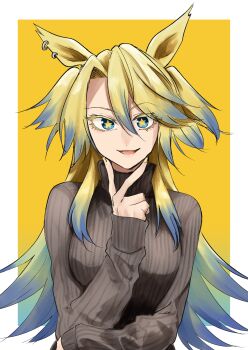 1girl absurdres animal_ears black_sweater blonde_hair blue_eyes blue_hair breasts earrings highres horse_ears horse_girl jewelry kakuteru_sudachi long_hair long_sleeves looking_at_viewer medium_breasts multicolored_hair obey_your_master_(umamusume) open_mouth ribbed_sweater smile solo star-shaped_pupils star_(symbol) sweater symbol-shaped_pupils turtleneck turtleneck_sweater two-tone_hair umamusume umamusume:_cinderella_gray upper_body v yellow_nails