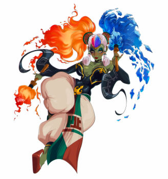 Rule 34 | 1girl, bare shoulders, breasts, colored skin, fiery hair, fire, forehead jewel, gerudo, green skin, hair tubes, harem pants, ice, large breasts, long hair, nintendo, pants, pointy footwear, puffy pants, red lips, sidelocks, simple background, sleeveless, solo, the legend of zelda, the legend of zelda: ocarina of time, twinrova, twintails, vero, white background