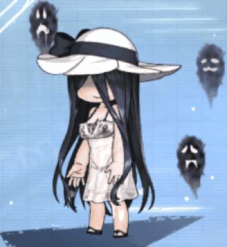 1girl :> animated animated_gif aqua_background bouncing_breasts breasts chibi cleavage curvy dress full_body hair_over_eyes hat long_hair looking_ahead lowres multiple_others official_art sandals see-through_clothes shaded_face shinonome_yahiro shiny_skin simple_background smile solo spaghetti_strap spirit standing sun_hat sundress taimanin_(series) taimanin_rpgx very_long_hair white_dress wide_hips