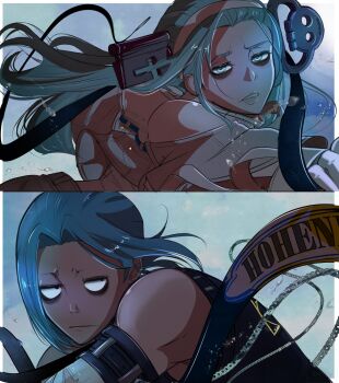 1boy 1girl :| a.b.a aqua_eyes aqua_hair bags_under_eyes bare_shoulders blue_hair cattedawn closed_mouth commentary dark-skinned_male dark_skin english_commentary frown guilty_gear guilty_gear_strive hairband highres key_in_head long_hair looking_at_viewer looking_to_the_side object_through_head paracelsus_(guilty_gear) parted_lips short_hair split_screen variant_set white_hairband