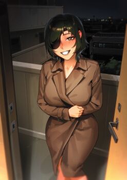 1girl absurdres black_hair breasts brown_coat chainsaw_man clenched_teeth coat eyepatch heart heart-shaped_pupils highres himeno_(chainsaw_man) large_breasts limart looking_at_viewer naked_coat night open_door outdoors short_hair smile solo symbol-shaped_pupils teeth