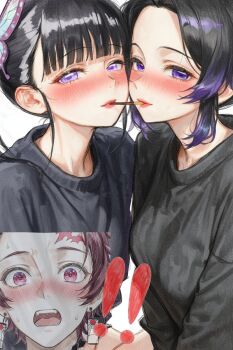 2girls ai-chan_(animelovely930) black_hair black_sweater blunt_bangs blush breasts butterfly_hair_ornament food hair_ornament highres kamado_tanjirou kimetsu_no_yaiba kochou_shinobu large_breasts long_sleeves looking_at_viewer multicolored_hair multiple_girls pink_eyes pocky pocky_kiss purple_hair shared_food smile sweater teeth tsuyuri_kanao two-tone_hair white_background