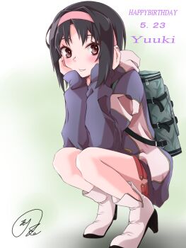 1girl alternate_costume backpack bag birthday_date black_boots black_hair blush boots character_name check_clothing clothing_request commentary_request from_side full_body grey_bag grey_hoodie hairband happy_birthday head_on_hands hood hood_down hoodie looking_at_viewer looking_to_the_side maximum7010 medium_hair multicolored_boots parted_lips pink_eyes pink_hairband red_shorts short_shorts shorts sidelocks signature smile solo squatting sword_art_online two-tone_boots two-tone_hoodie watermark white_background white_boots white_hoodie yuuki_(sao)
