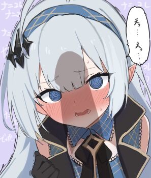 @_@ bare_shoulders black_gloves blue_dress blue_eyes blush collared_dress dress female_tyrant_(stella_sora) gloves grey_hair hairband helthbuth highres long_hair open_mouth penis_shadow pointy_ears stella_sora sweatdrop tyrant_(stella_sora)