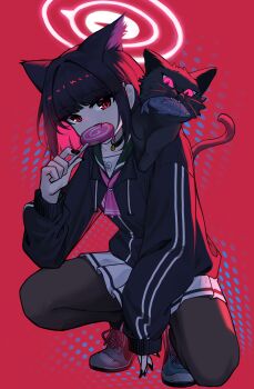 1girl absurdres animal_ears black_hair black_hoodie black_nails black_pantyhose blue_archive candy cat cat_ears cat_girl colored_inner_hair commentary_request food green_sailor_collar halo highres holding holding_candy holding_food holding_lollipop hood hoodie kazusa_(blue_archive) korean_commentary lollipop medium_hair multicolored_hair munbinggu neckerchief pantyhose pink_eyes pink_hair pink_halo pink_neckerchief sailor_collar school_uniform serafuku skirt solo squatting thighs two-tone_hair white_skirt