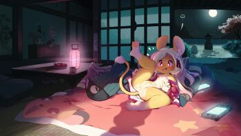 1girl 1other aas_(pixiv_3382255) absurdres animal_ear_fluff animal_ears animal_feet ass barefoot blush cameltoe caught cellphone embarrassed flat_chest full_moon furry furry_female futon highres huge_filesize indoors japanese_clothes kimono lantern leg_up legs loli long_hair lying moon mouse_ears mouse_girl mouse_tail navel night night_sky nintendo_switch nipples off_shoulder on_back open_clothes open_kimono open_mouth original panties phone pillow print_panties red_eyes red_kimono scenery shadow short_kimono sky smartphone spread_legs star_(sky) starry_sky table tail thighs underwear walk-in white_hair white_panties