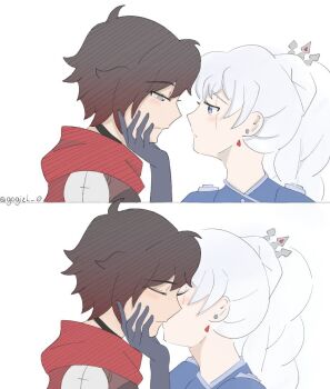 2girls artist_name black_hair blue_eyes braid cape elbow_gloves gloves grabbing_another's_chin gradient_hair grey_eyes hand_on_another's_chin imminent_kiss kiss long_hair multicolored_hair multiple_girls ponytail red_cape red_hair ruby_rose rwby scar scar_across_eye scar_on_face short_hair single_braid tiara weiss_schnee white_background white_hair yuri