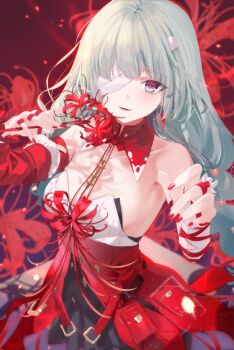 armpits asymmetrical_sleeves bandages bare_shoulders breasts collarbone detached_collar dress floral_background flower green_hair highres holding holding_flower long_hair looking_at_viewer medium_breasts nekojita_(ika_neko46) one_eye_covered parted_lips phrolova_(wuthering_waves) red_background red_dress red_flower red_nails red_pupils red_ribbon ribbon smile spider_lily wrist_ribbon wuthering_waves