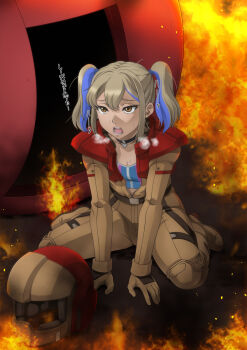 1girl blonde_hair blue_hair breasts brown_eyes choker commentary_request fire gundam gundam_hathaway's_flash hair_between_eyes hala_morley helmet highres kaname_aomame kneeling mecha_pilot_suit multicolored_hair normal_suit_(gundam) open_mouth solo streaked_hair sweat translation_request twintails unworn_headwear unworn_helmet